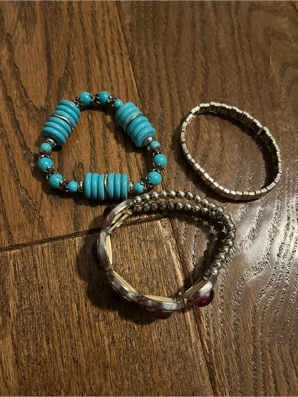 SALE 3/$15 bundle of three elastic stretch silver and colored bracelets